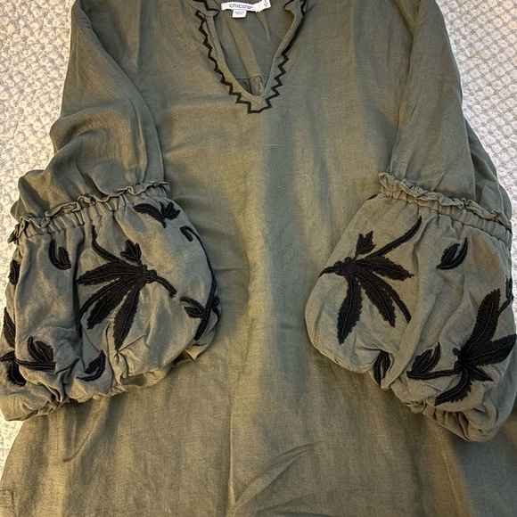 Chico’s size 2  Linen Blouse Boho puffy sleeves L 12 Women’s beaded Green boho - Picture 11 of 11